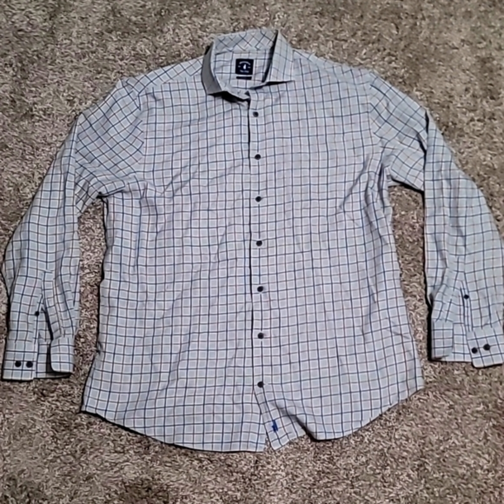 johnnie-O White Dress Shirt with Blue and Black Windowpane Check
